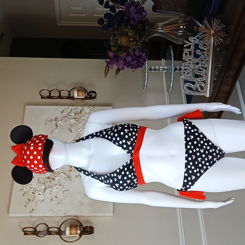 Women's Minnie Mouse White And Black Polka Dot Halter Bikini & Hat Set Size XXL